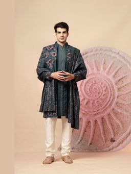 Soniya G - Teal Indo-Western Kurta and Churidar with Jacket and Shawl Set