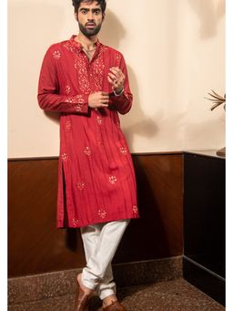 Soniya G - Brick Red Pure Cotton Kurta with Churidar and Jacket