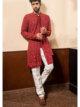 Soniya G - Tomato Red Lucknowi Kurta and Pant