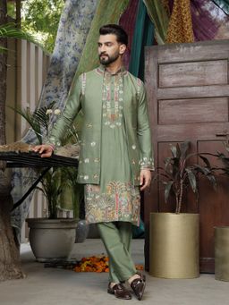 Soniya G - Handcrafted Sage Green Exquisite Thread work Jacket with Kurta and Pant