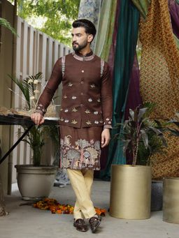 Soniya G - Earthy Brown Embroidered Kurta and Waistcoat Set with Pant