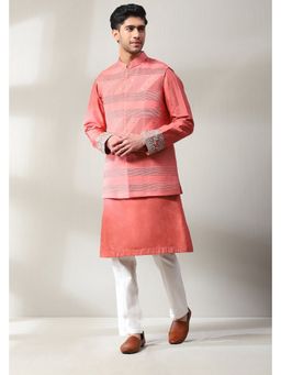 Soniya G - Plated Handspun Peachish Orange Jacket and Kurta with Off White Slim Pant