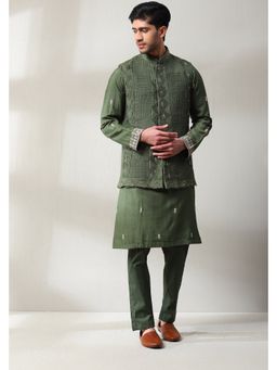 Soniya G - Plated Handspun Mehndi Green Jacket with Kurta and Pant