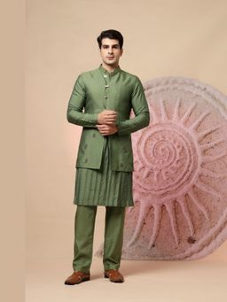 Soniya G - Olive Green Heritage Silk Jacket with Kurta and Pant