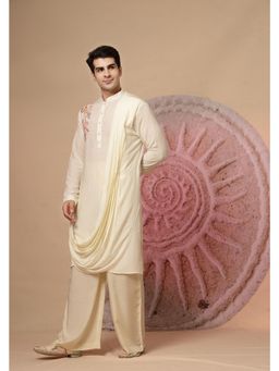 Soniya G - Ivory Draped Kurta with Pastel Embroidery and Pant