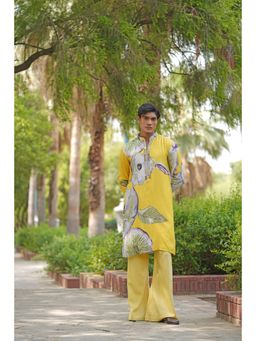 Soniya G - Sunshine Yellow Floral Motifs Embellishment Satin Kurta and Pant