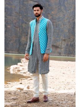 Soniya G - Ferozi Coloured Kurta and Waistcoat Set with Box Pant