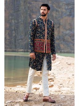 Soniya G - Navy Blue Embroidered Kurta and Jacket Set with Box Pant