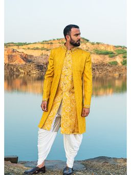 Soniya G - Yellow Indowestern Kurta with White Harem Pant and Jacket