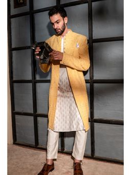 Soniya G - Lemon Yellow Indowestern Jacket with Kurta and Pant with Matching Shawl