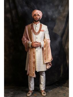 Soniya G - Off-white Sherwani with Matching Shawl, Mala and Hand Tied Safa