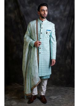 Soniya G - Duck egg Blue Indowestern Sherwani with Kurta, Pant and Matching Shawl