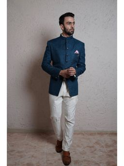 Soniya G - Turquoise Bandhgala with White Trousers