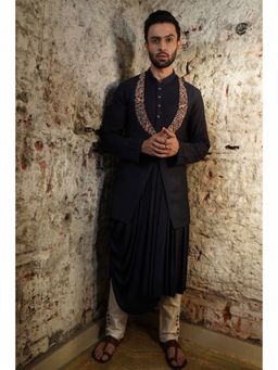 Soniya G - Navy Blue Embroidery Long Jackets with Drape Kurta and Pant