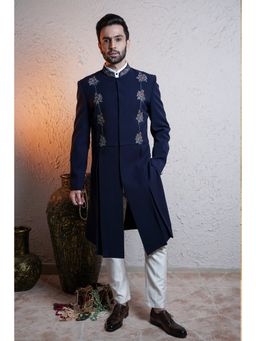 Soniya G - Navy Blue Embroidered Indowestern Sherwani with White Box Pant