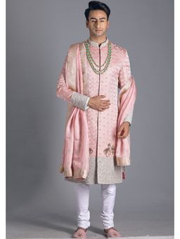 Soniya G - Powder Pink Embroidered Sherwani with Kurta, Pant, Shawl, Safa and Mala