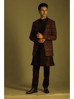 Soniya G - Brown Lucknowi Jacket with Kurta and Pant Set