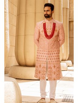 Soniya G - Pink Embroidered Sherwani with Kurta, Pant, Shawl, Mala and Safa