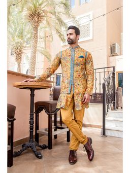 Soniya G - Mustard Printed Kurta and Pant with Nehru Jacket