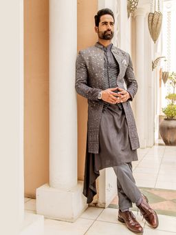 Soniya G - Grey Kurta and Pant with Ombre Long Jacket