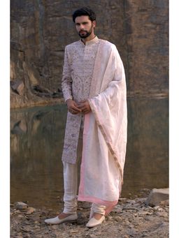 Soniya G - Beige Embroidered Sherwani with Shawl and Churidar