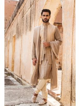 Soniya G - Beige Embroidered Kurta and Jacket with Stole and Box Pant