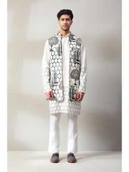 Soniya G - Off White Handmade Printed Kurta and Pant with Jacket