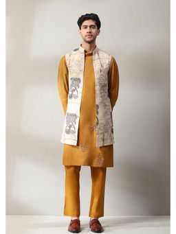 Soniya G - Mustard Handmade Printed Kurta and Pant with Jacket