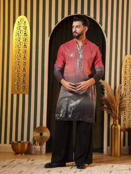 Soniya G - Crimson-To-Charcoal Gradient Embellished Neckline Kurta and Pant Set