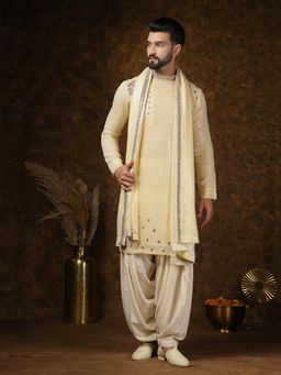 Soniya G - Pastel Yellow Embellished Borders Kurta with Ivory Dhoti Pant and Stole