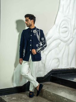 Soniya G - This blue jodhpuri with zero neck jacket