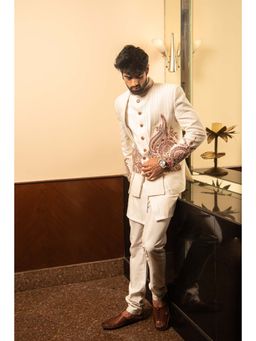 Soniya G - Off White Jodhpuri Pure Cotton Kurta with Churidar and Jacket