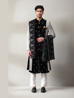 Soniya G - Ivory Embedded Thread Work Sherwani with Kurta, Churidar and Dupatta