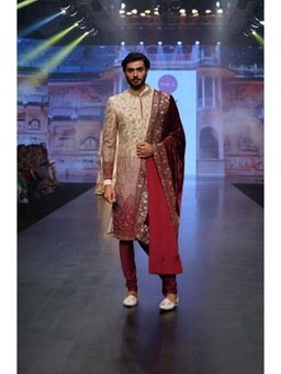 Soniya G - Cream Raw Silk Ombre Sherwani with Velvet Stole