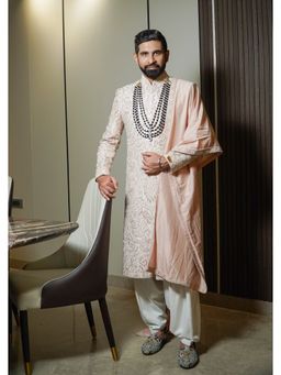 Soniya G - Ivory Embroidered Lucknowi Sherwani with Matching Stole and Mala