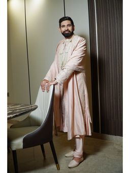 Soniya G - Baby Pink Embroidered Lucknowi Sherwani and Stole
