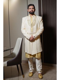 Soniya G - Cream Front Open Embroidered Sherwani with Kurta and Belt