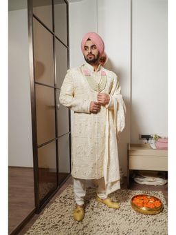 Soniya G - Ivory Embroidered Sherwani with Kurta, Churidar and Stole
