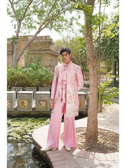 Soniya G - Pink Zardozi, Mirror and Floral Embroidery Sherwani with Short Kurta and Pant