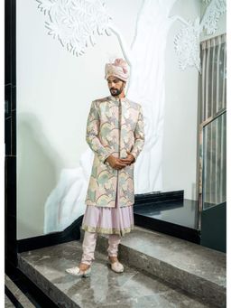 Soniya G - Pink Embroidered Sherwani with Kurta, Pant and Dupatta