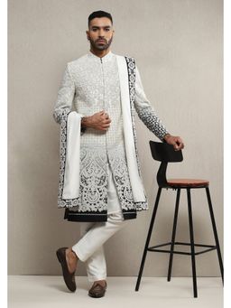 Soniya G - Off White Raw Silk Aari Dabka Work Sherwani with Kurta, Pant and Dupatta