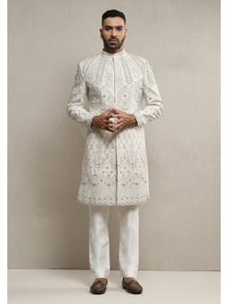 Soniya G - Off White Raw Silk Based Aari Dabka Work Sherwani