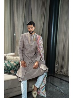 Soniya G - Grey Embroidered Sherwani with Kurta and Pant