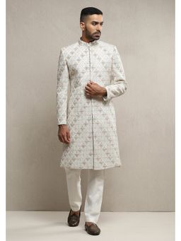 Soniya G - Off White Raw Silk Aari Dabka Work Fully Embroidered Sherwani with Churidar