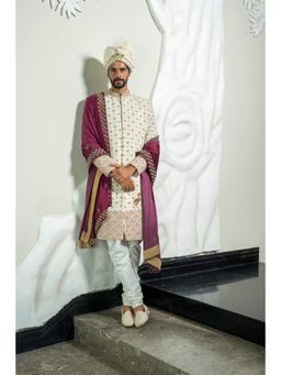 Soniya G - Ivory Jacquard Embroidered Sherwani with Kurta, Pant and Dupatta