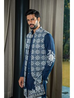 Soniya G - This Dark Blue Embroidered Long Sleeveless Jacket with Kurta and Pant Set