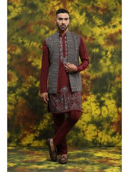 Soniya G - Wine Jute Jacket with Kurta and Pant