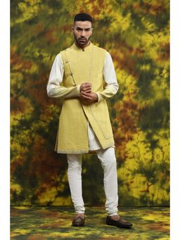 Soniya G - Yellow Handloom Kurta with Churidar and Jacket Set