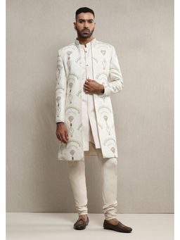 Soniya G - White Italian Crepe Metal Work Open Sherwani with Churidar