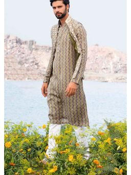 Soniya G - Pista Green Banshani Kurta and Jacket with Off White Pant